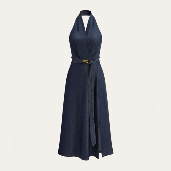 Commense Navy Belted Midi Halter Dress - Picture 2 of 3